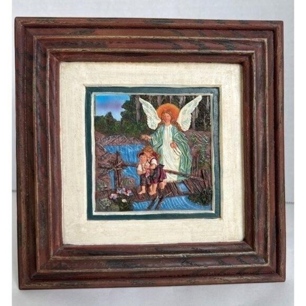 Vintage Guardian Angel 3-D Relief Art Children on‎ Bridge 7X7 GrannyCore Faith